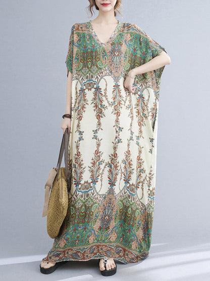 vmtvr - Vintage Floral Printed V-Neck Batwing Sleeves H-Line Maxi Dress