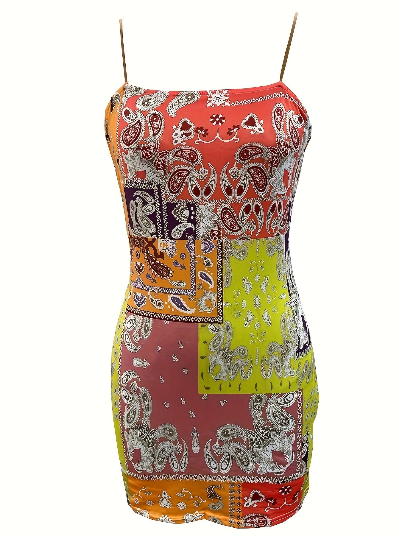 Paisley Print Bodycon Cami Dress, Boho Backless Spaghetti Strap Dress, Women's Clothing