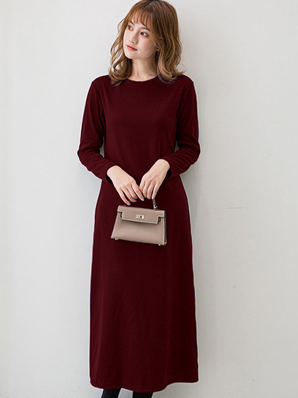 vmtvr - Simple Solid Color Round-Neck A-Line Midi Dress