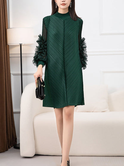 vmtvr - Long Sleeves Loose Embroidered Pleated Solid Color Round-Neck Midi Dresses