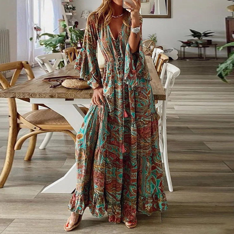 vmtvr - Women's Boho Floral Pattern Flared Sleeve Maxi Dress