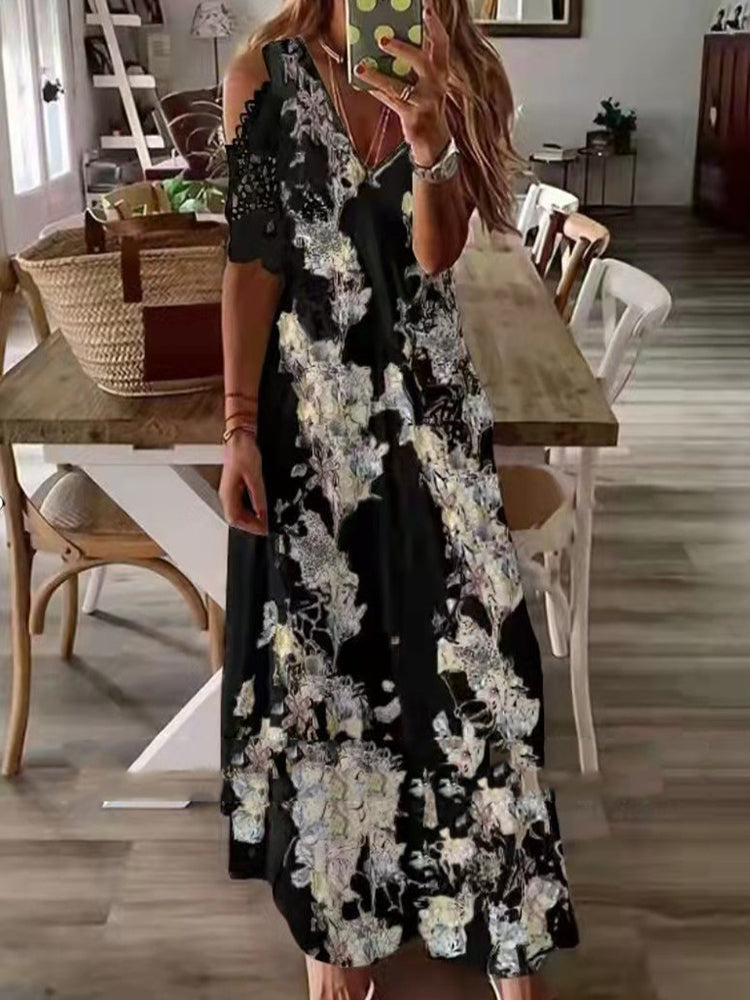 vmtvr - Boho Floral Lace Hollow Shoulder Maxi Dress