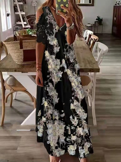 vmtvr - Boho Floral Lace Hollow Shoulder Maxi Dress