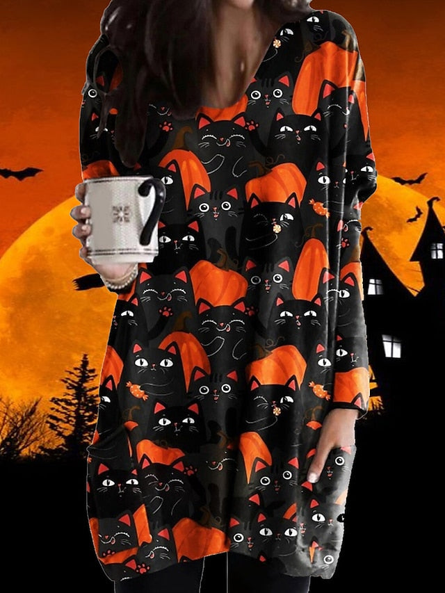 Women‘s Halloween Dress Casual Dress Shift Dress Print Dress Print Pocket Print V Neck Mini Dress Active Fashion Vacation Long Sleeve Loose Fit Light Yellow Black Yellow Fall Winter S M L XL XXL