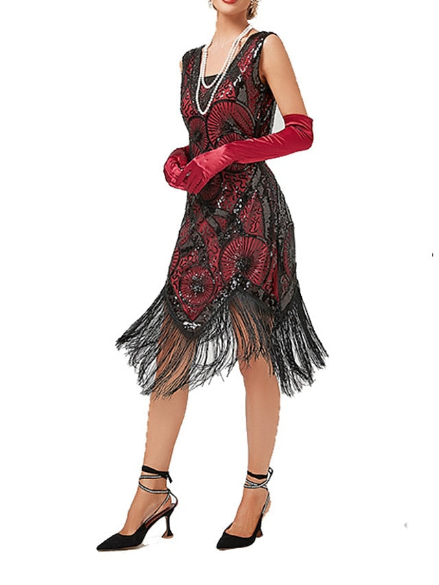 Women‘s Halloween Dress Retro Elegant Vintage Dress Midi Dress Party Sequins Tassel Fringe Geometric V Neck Sleeveless Regular Fit Summer Spring  Black Red XS S M L