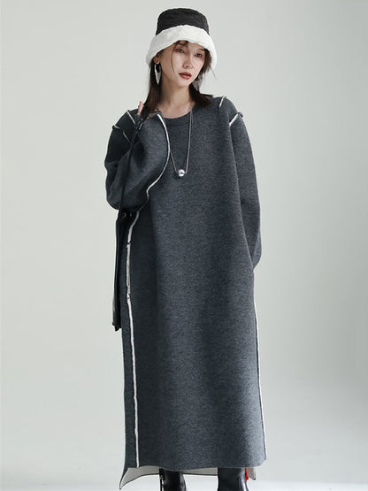 vmtvr - Casual Long Sleeves Loose Solid Color Round-Neck Sweater Dresses