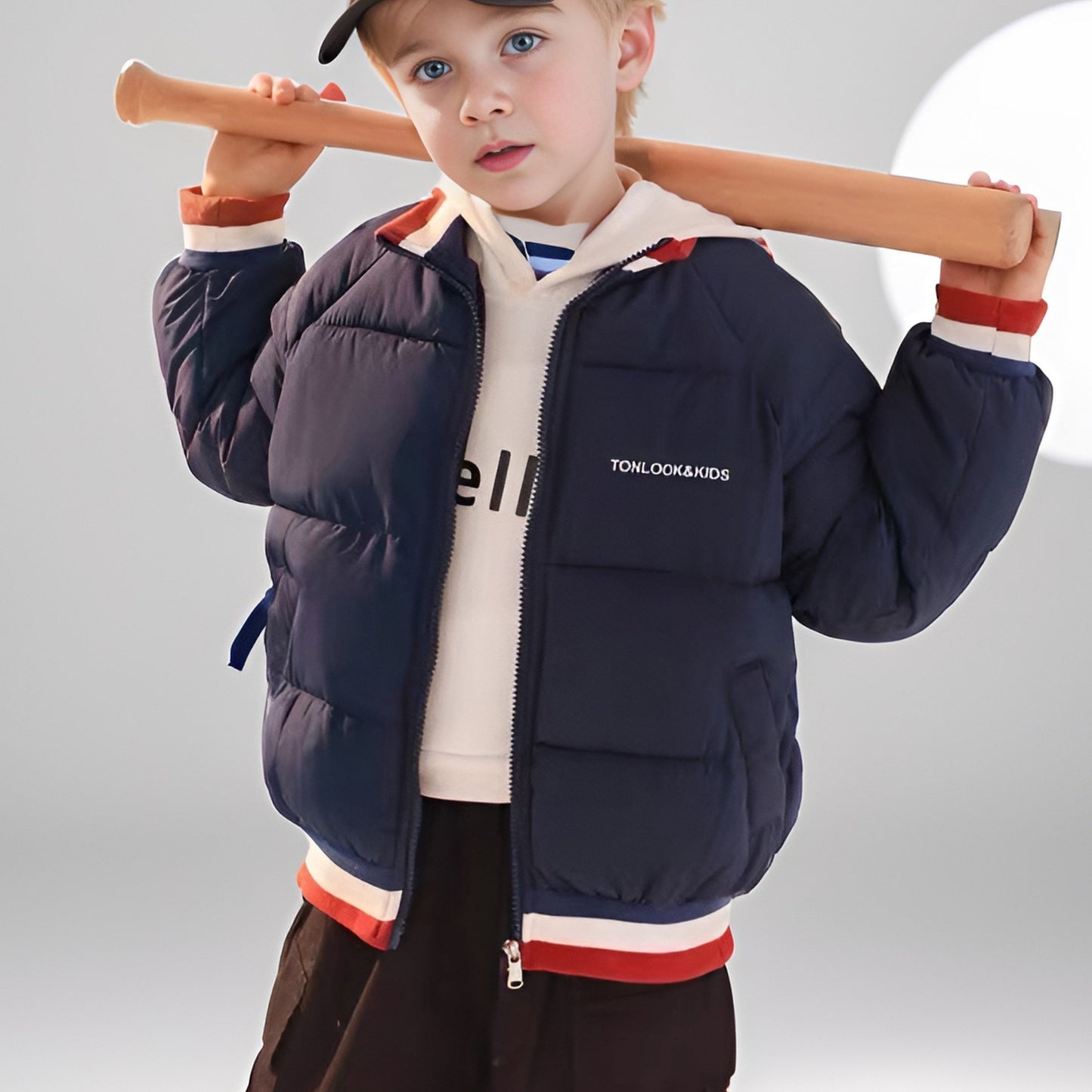 Boys Trendy Winter Thick Baseball Coat, Down Light Warm Jacket Cute Hooded Outerwear