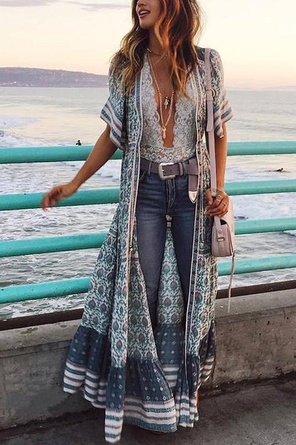 Print V Neck Short Sleeve Maxi Dress