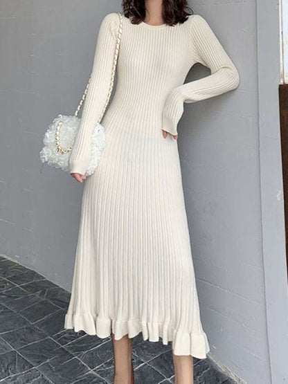 vmtvr - Long Sleeves Loose Ruffled Solid Color Round-Neck Midi Dresses Sweater Dresses