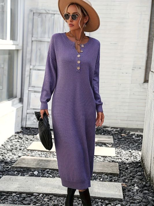 Button Front Midi Knit Dress, Elegant Long Sleeve Solid Color Dress For Spring & Fall, Women's Clothing