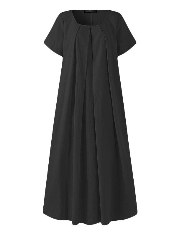 vmtvr - Simple Solid Color U-Neck Pleated Short Sleeves Maxi Dress