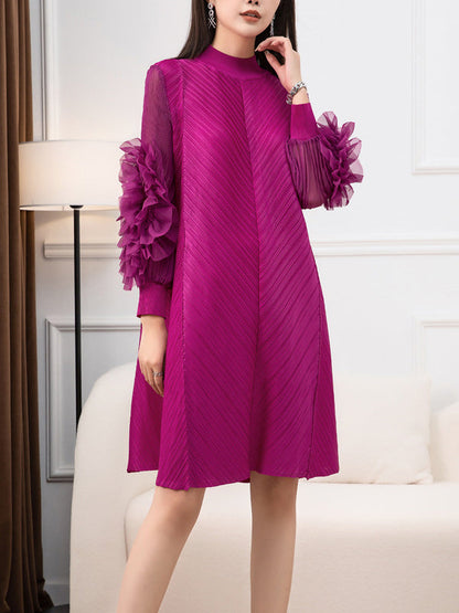 vmtvr - Long Sleeves Loose Embroidered Pleated Solid Color Round-Neck Midi Dresses