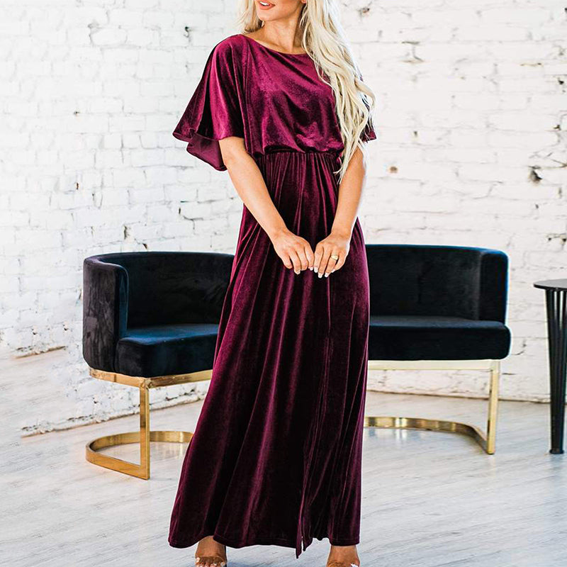 vmtvr - Fashion Velvet Round Neck High Slit Maxi Dresses