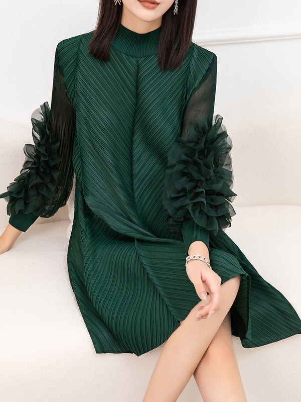 vmtvr - Long Sleeves Loose Embroidered Pleated Solid Color Round-Neck Midi Dresses