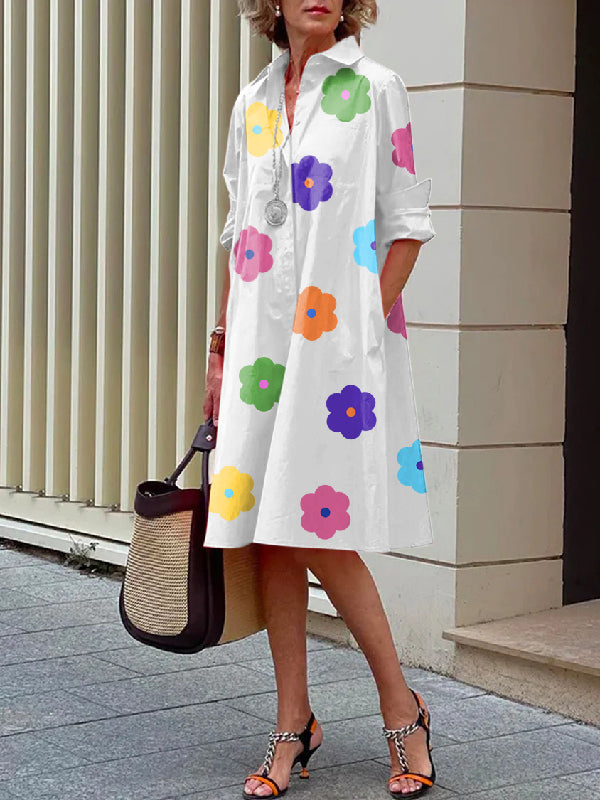 vmtvr - Long Sleeves Floral Printed Lapel Midi Dresses