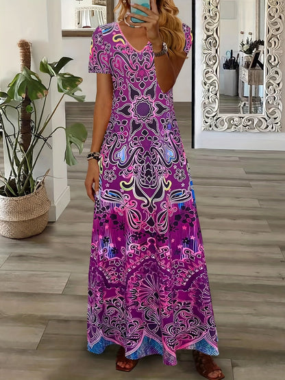 Ethnic Floral Print Dress, Boho V Neck Short Sleeve Maxi Dress, Women's Clothing