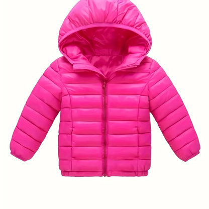 Kid's Solid Color Hooded Down Jacket, Light-weight Warm Zip Up Jacket, Boy's Clothes For Winter Outdoor, As Gift