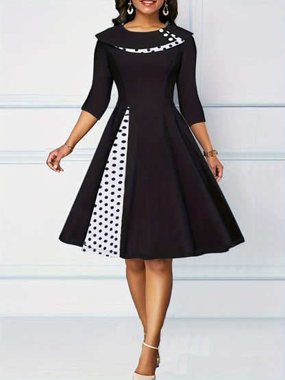 Vintage Retro Polka Dot A-line Dress - Flattering 3/4 Sleeves, Comfortable Casual Style - Feminine & Timeless Fashion for Women