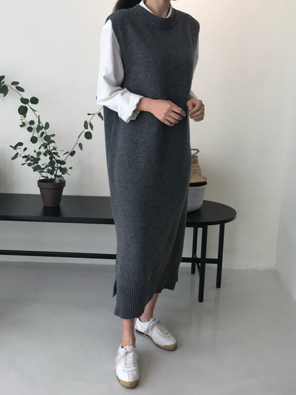 Urban Loose Sleeveless Solid Color Round-Neck Midi Dresses Sweater Dresses