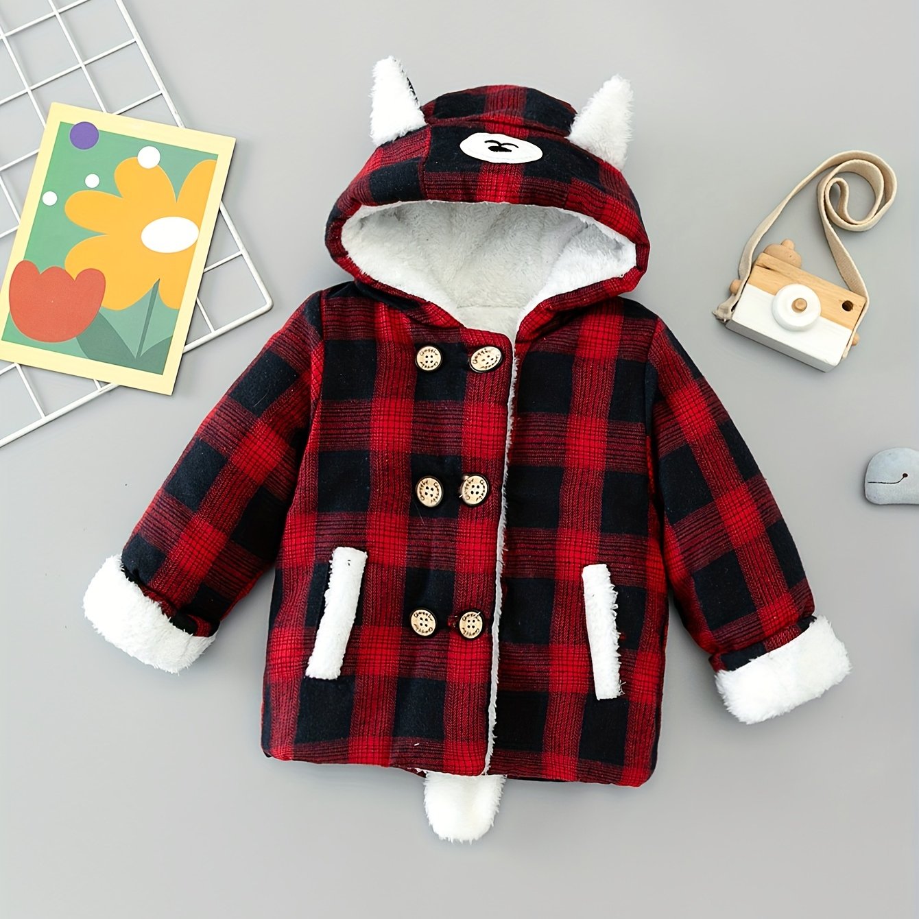 Boy's Cute Thermal Padded Jacket, Casual Warm Button Up Fleece Hooded Jacket For Outdoor Winter