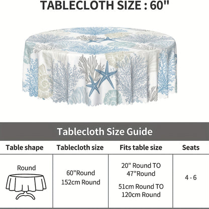 1pc Coastal Summer Round Tablecloth - Waterproof Stain Wrinkle Free Circle Table Cover for Indoor Outdoor Home Kit - Beach Starfish Coral Seashell Design, Easy Care, Durable, and Versatile Table Linen for Kitchen & Dining