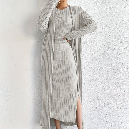 Solid Ribbed Knitted Dress Set, Elegant Open Front Long Sleeve Drop Shoulder Cardigan & Crew Neck Split Tank Dress Outfits, Women's Clothing