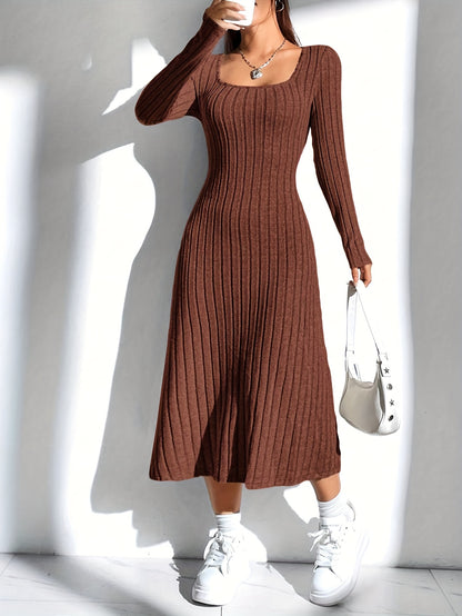 Chic Ribbed Knit Sweater Dress for Women - Casual Square Neck, Long Sleeve with Stretch, Machine Washable - Perfect for Fall/Winter