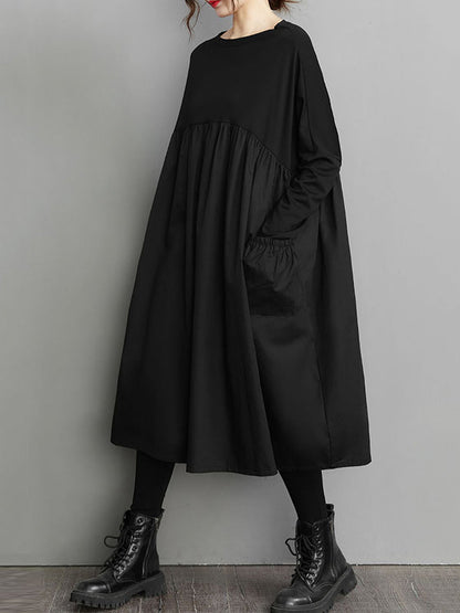 Simple Loose Black Split-Joint Long Sleeves Midi Dress