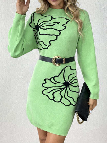 Floral Print Long Sleeve Knit Dress, Elegant Crew Neck Slim Dress For Spring & Fall, Women's Clothing