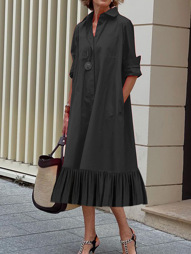 A-Line Long Sleeves Pleated Solid Color Lapel Collar Midi Dresses