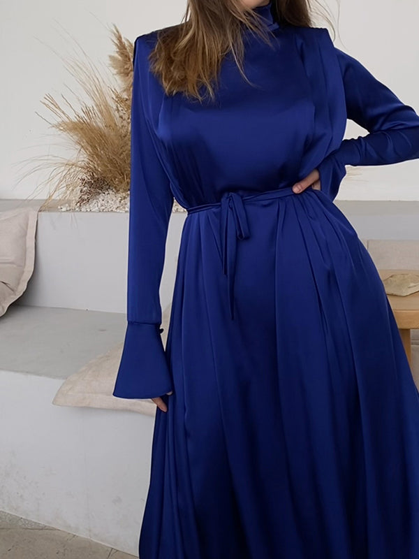 vmtvr - Flared Sleeves Long Sleeves Solid Color High-Neck Maxi Dresses