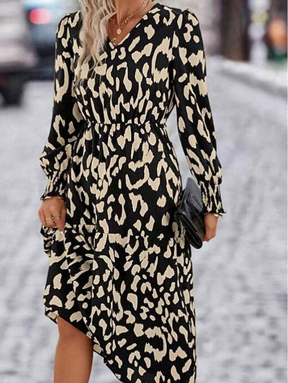 Women's Casual Dress A Line Dress Print Dress Leopard Patchwork Print V Neck Midi Dress Active Fashion Outdoor Street Long Sleeve Loose Fit Leopard Fall Winter S M L XL XXL