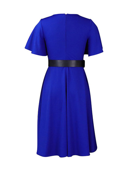 vmtvr - Irregular Clipping Plus Size Belted Solid Color Round-Neck Midi Dresses