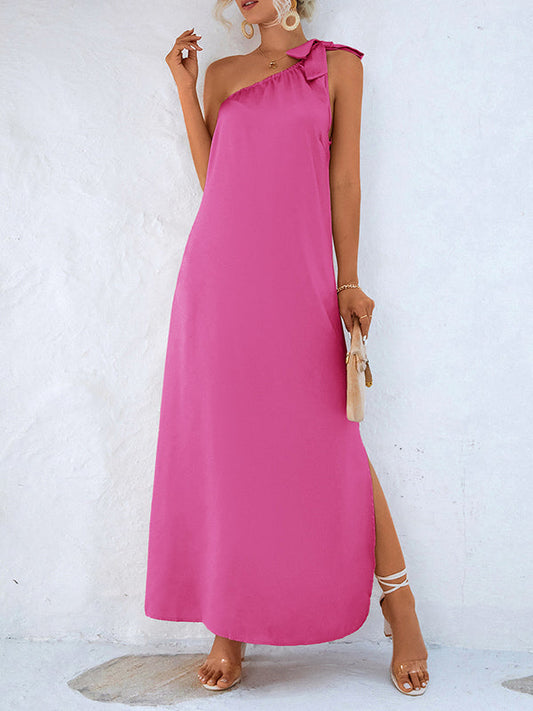 vmtvr - Loose Sleeveless Solid Color One-Shoulder Maxi Dresses