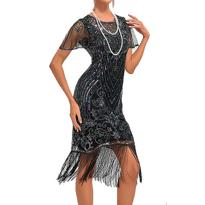 Women's Retro 1920s Fringe Dress Midi Dress Party Holiday Sequins Tassel Fringe Floral Crewneck Short Sleeve Regular Fit Spring Fall  Silver Black S M L XL