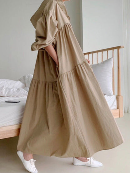 vmtvr - Urban Solid Color Pleated Long Sleeves Hooded Midi Dress