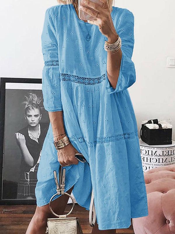 vmtvr - Loose Solid Color Hollow Round-Neck 3/4 Sleeves Midi Dress