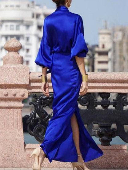 vmtvr - Half Sleeves Loose Solid Color V-Neck Maxi Dresses