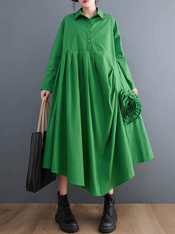 vmtvr - Urban Floral Applique Pleated Long Sleeves Shirt Dress Midi Dress