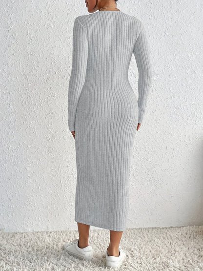 Elegant Spring/Fall V-Neck Pencil Dress - Comfortable Mid-Elastic Knit, Chic Zip-Up, Durable & Easy-Care