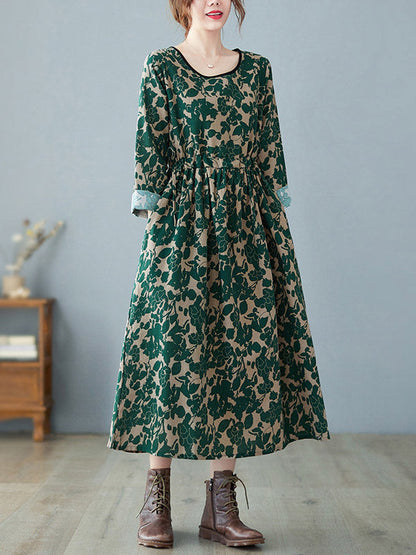 vmtvr - Artistic Retro Ramie Cotton Floral Printed Pleated Round-Neck Long Sleeves Midi Dress