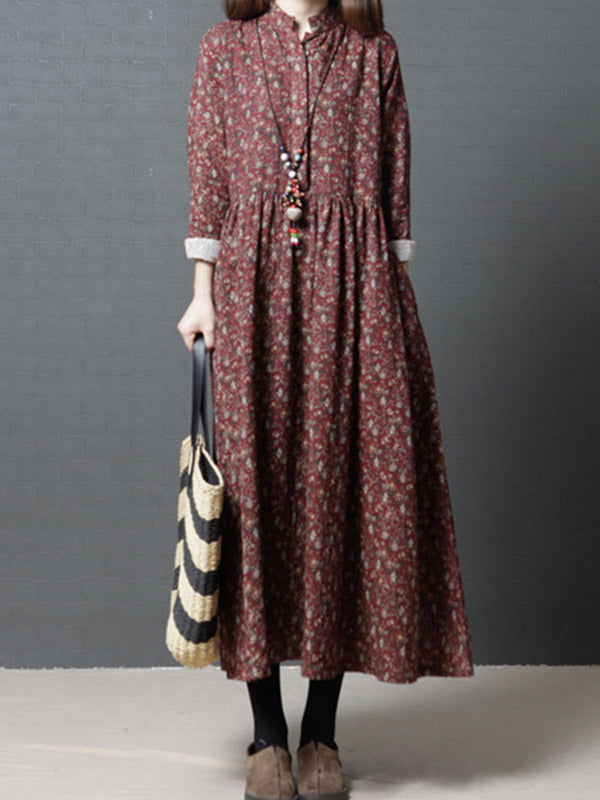 vmtvr - Vintage Floral Stand Collar Midi Dress