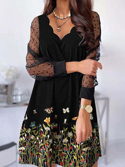 Women's Casual Dress A Line Dress Print Dress Floral Butterfly Mesh Patchwork V Neck Midi Dress Active Fashion Outdoor Street Long Sleeve Loose Fit Black Yellow Red Fall Winter S M L XL XXL