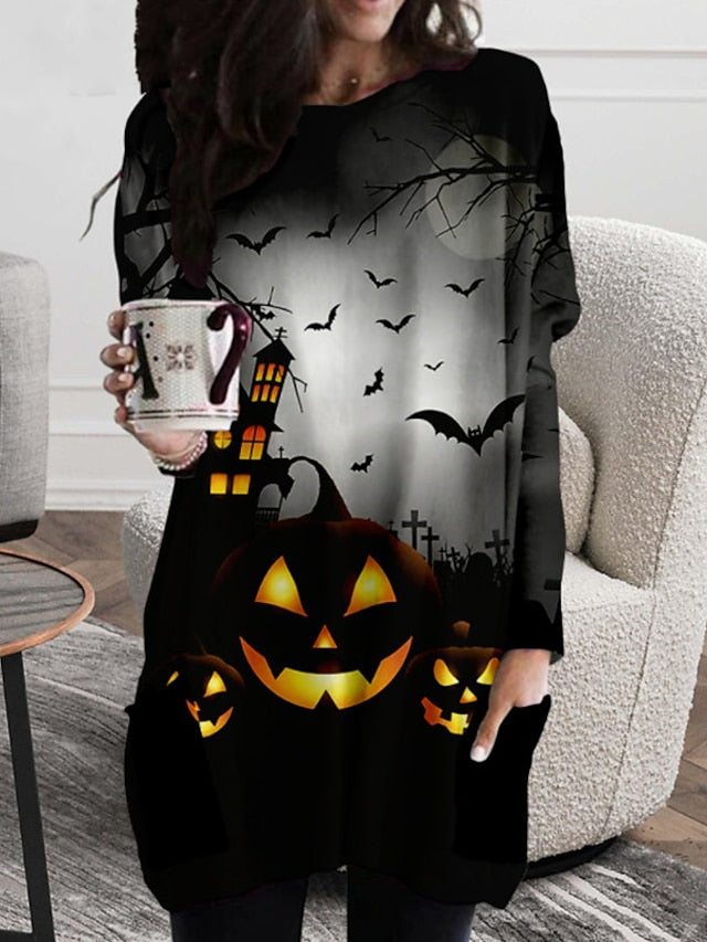 Women‘s Halloween Dress Casual Dress T Shirt Dress Tee Dress Shift Dress Mini Dress Black Long Sleeve Pumpkin Print Fall Winter Autumn Crew Neck Stylish Loose Fit 2023 XXS XS S M L XL 2XL 3XL 4XL 5XL