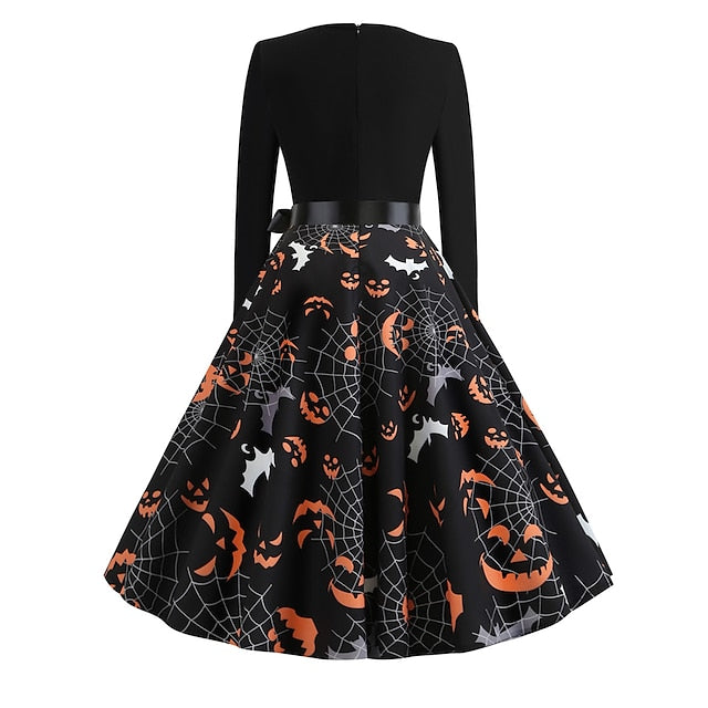 Women‘s Halloween Dress Retro 1950s Vintage Dress Midi Dress Holiday With Belt Bow Pumpkin V Neck 3/4 Length Sleeve Regular Fit Spring Fall  Black S M L XL