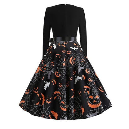 Women‘s Halloween Dress Retro 1950s Vintage Dress Midi Dress Holiday With Belt Bow Pumpkin V Neck 3/4 Length Sleeve Regular Fit Spring Fall  Black S M L XL