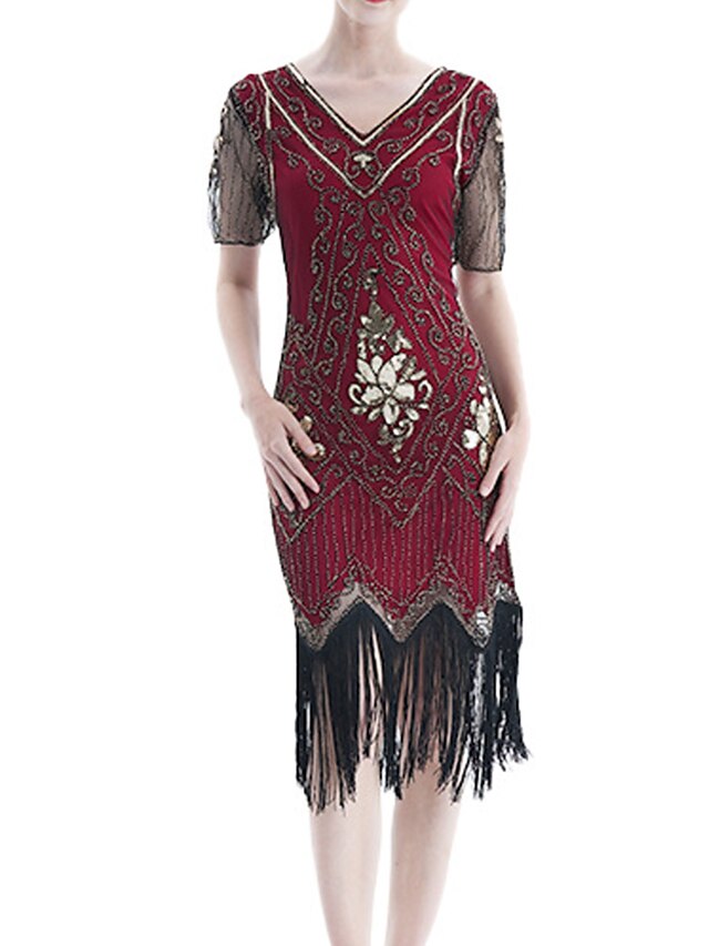 Women‘s Halloween Dress Retro 1920s Fringe Dress Midi Dress Party Outdoor Sequins Tassel Fringe Floral V Neck Short Sleeve Regular Fit Summer Spring  Black Golden S M L XL