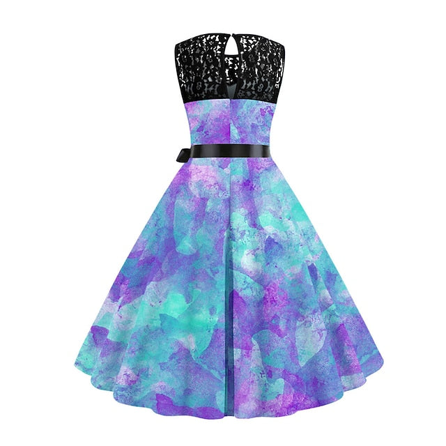 Women's Retro 1950s Vintage Dress Midi Dress Halloween Holiday Lace Patchwork Ombre Crew Neck Sleeveless Regular Fit Spring Fall  Deep Purple Navy Blue S M L XL