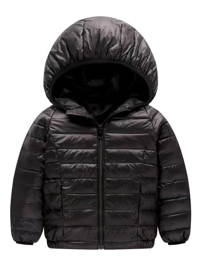 Kid's Solid Color Hooded Down Jacket, Light-weight Warm Zip Up Jacket, Boy's Clothes For Winter Outdoor, As Gift