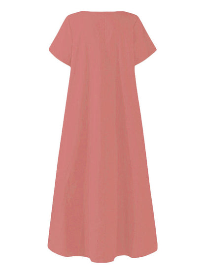 vmtvr - Simple Solid Color U-Neck Pleated Short Sleeves Maxi Dress